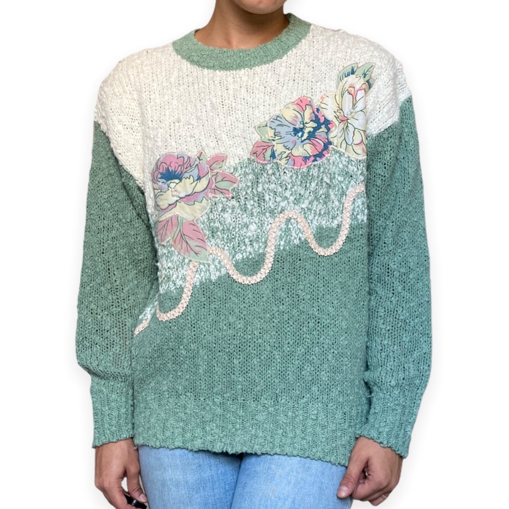 Vintage Granny Sweater with Floral Appliqués
